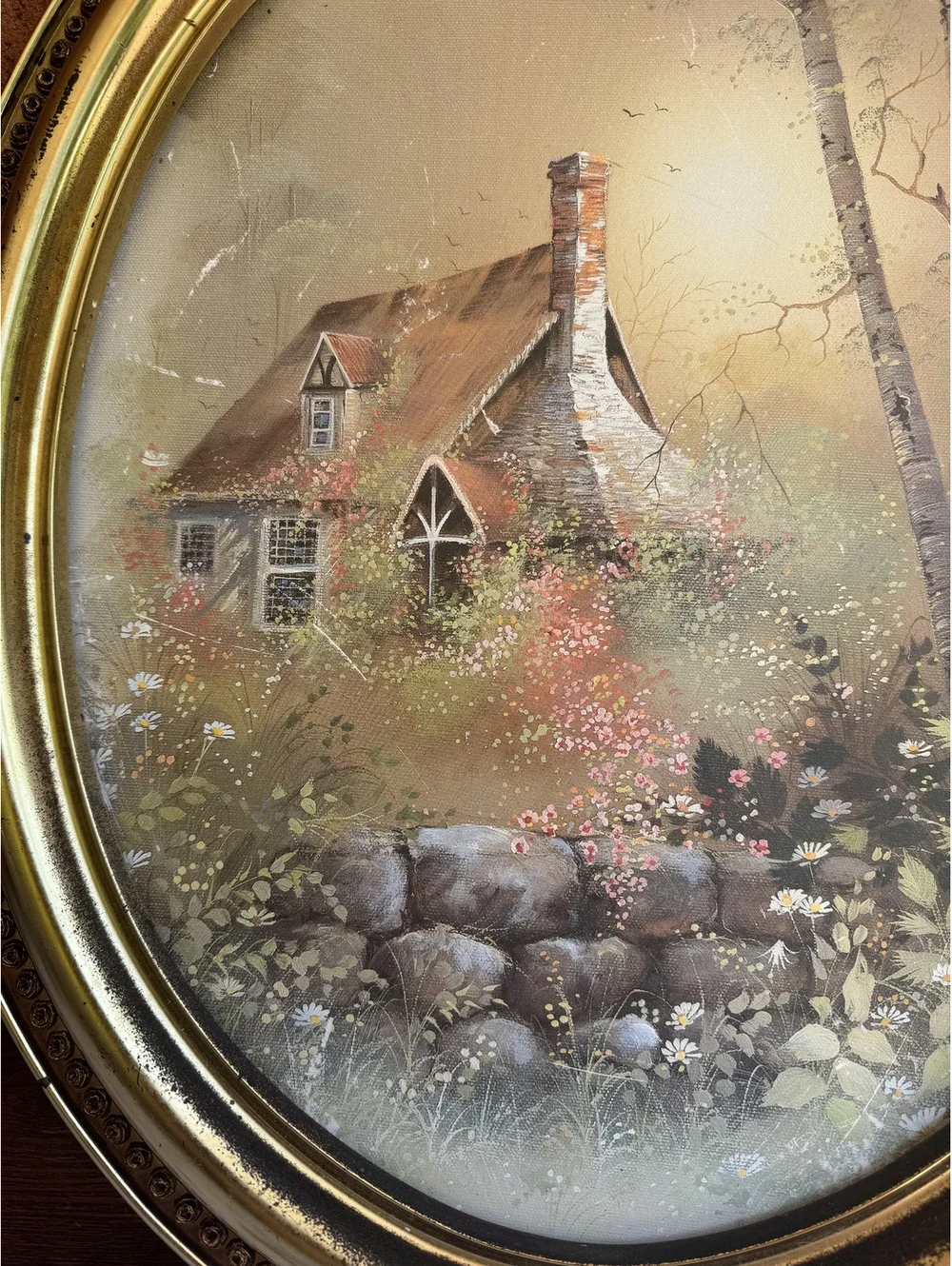 Vintage Oval Gold Tone Frame with Cottage Landscape Painting